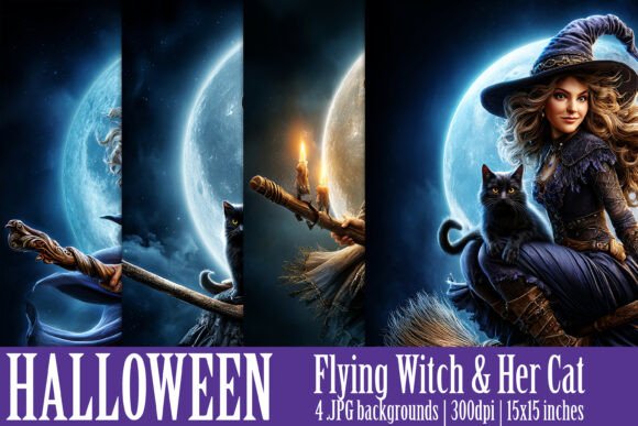 Halloween Flying Witch Cat Backgrounds 1: A Designer's Toolkit