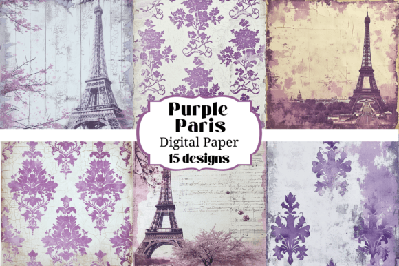 Shabby Chic Purple Paris Backgrounds: 15 Vintage Digital Papers